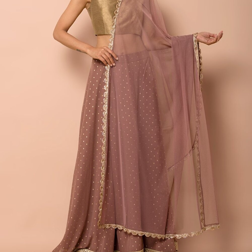 Rose Pink Scallop Lace Net Dupatta